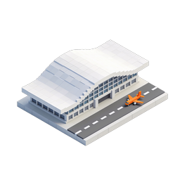 Isometric Airport Terminal Icon with Orange Airplane