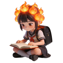 3D-иконка аниме-школьницы, читающей книгу, с огненной короной