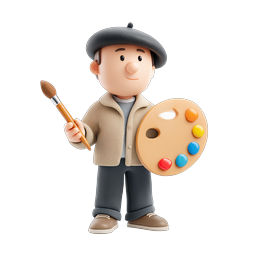 筆とパレットを持つ可愛い3Dアーティストキャラクターアイコン