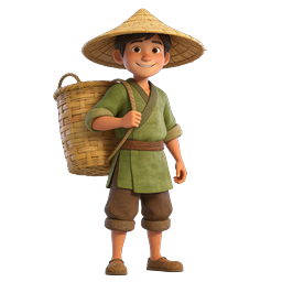 Icône de garçon fermier asiatique avec panier en bambou – cartoon 3D