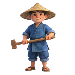 Cute Asian Farmer Character 3D Icon with Straw Hat