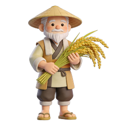 Asian Farmer Character with Rice Harvest 3D Icon