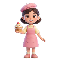 Cute 3D Baker Girl Holding Cupcake - Pastry Chef Icon