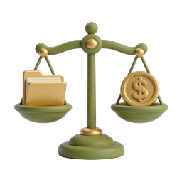 3D-иконка весов с деньгами и папкой