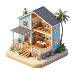Minh họa 3D mặt cắt nhà bãi biển dạng Isometric