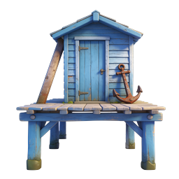 Weathered Blue Beach Hut Dock with Rusty Anchor Icon