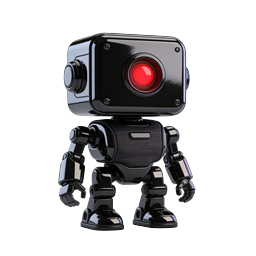 Black Robot Character Icon with Red Glowing Eye