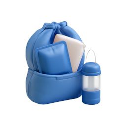 Icône de sac à dos bleu avec ordinateur portable et bouteille d'eau