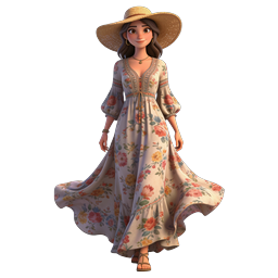 Bohemian Floral Dress Woman 3D Character Icon