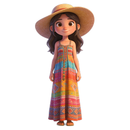 Boho Summer Girl 3D Character Icon with Straw Hat