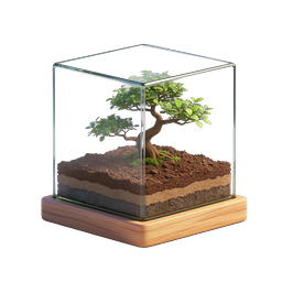 Icône 3D de bonsaï dans un cube en verre terrarium