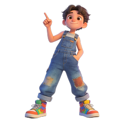 Cheerful Cartoon Boy Pointing Up in Denim Overalls