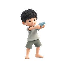 3D-Illustration eines Jungen, der eine Wasserflasche drückt