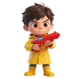 3D Boy with Red Water Gun in Yellow Raincoat Icon
