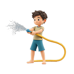 Boy Watering with Garden Hose 3D Icon | Summer Activity