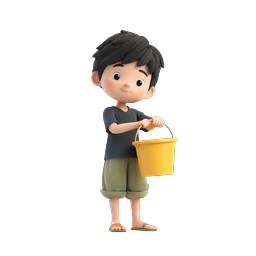 Cute 3D Boy with Yellow Bucket - Cartoon Character Icon