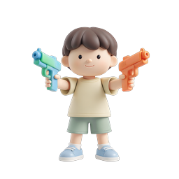 Cheerful Boy with Colorful Toy Water Guns 3D Icon