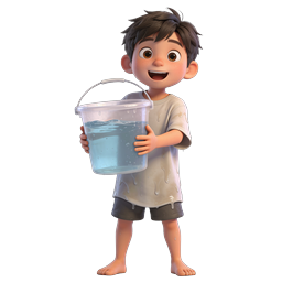 Personnage de dessin animé 3D garçon joyeux avec seau d'eau