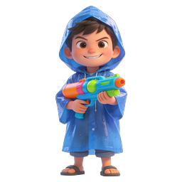 Cartoon Boy with Colorful Water Gun in Raincoat