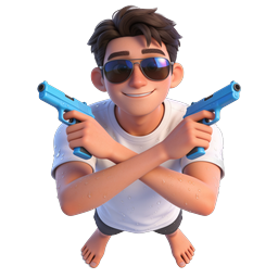 Niño de dibujos animados 3D con pistolas de agua azules – icono diversión veraniega