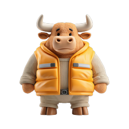 Cute Bull Character Mascot in Orange Puffy Vest
