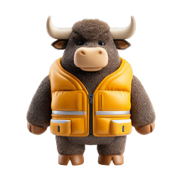 オレンジ色の安全ベストを着たかわいい雄牛キャラクターの3Dアイコン