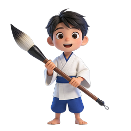 Young Calligraphy Boy with Traditional Ink Brush 3D Icon