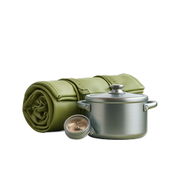 Camping Adventure Gear Icon - Sleeping Bag, Pot & Compass