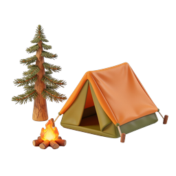 3D-Icon-Illustration von Campingzelt und Lagerfeuer