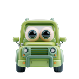 Cute Cartoon Green Car Character with Big Eyes - 3D Icon