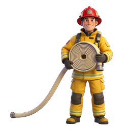 Cartoon Firefighter Character Icon with Fire Hose
