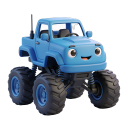 Cute Blue Monster Truck Cartoon Icon - 3D Rendered