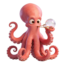 Icono 3D de pulpo de dibujos animados lindo sosteniendo un matraz de laboratorio