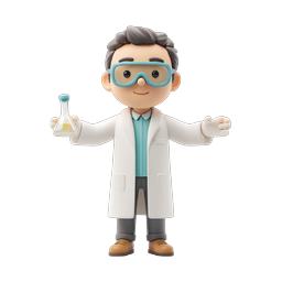 Cartoon Scientist Character Icon with Lab Flasks