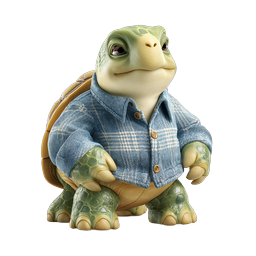 Adorable Cartoon Turtle in Denim Shirt - 3D Character Icon
