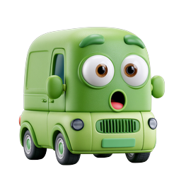 Cute Green Cartoon Delivery Van Character Icon