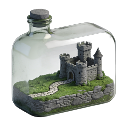 Icono de fantasía de castillo en miniatura en botella de vidrio