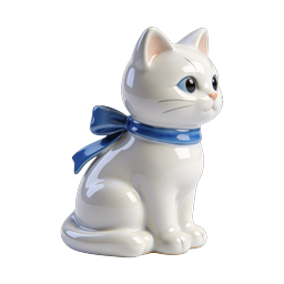 Ceramic Cat Figurine with Blue Bow - Cute Pet Icon