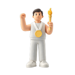 Champion Athlete Victory 3D Character Icon with Gold Medal and Torch