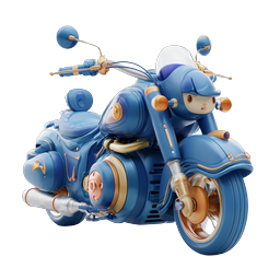 Icona 3D di un personaggio carino su una moto blu