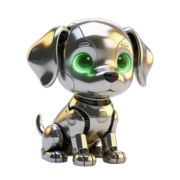 Chrome Robot Dog Icon - Futuristic AI Pet with Green Eyes