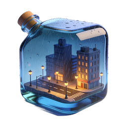 City in a Bottle 3D Diorama Icon | Rainy Urban Scene