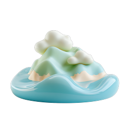Icône 3D d'île montagneuse style argile avec vagues d'océan