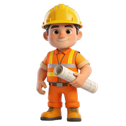 Construction Worker Cartoon Character with Blueprint
