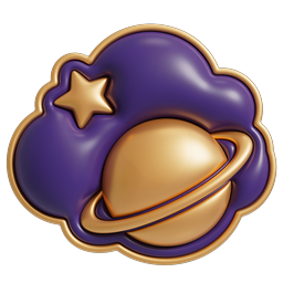 Cosmic Purple Cloud with Golden Planet Icon | 3D Space