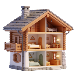 Cozy Cabin Dollhouse 3D Icon with Interior Cutaway View