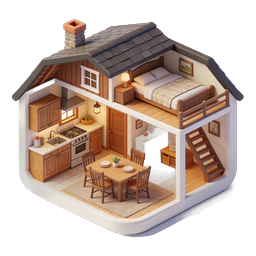 Icona di illustrazione 3D di casa cottage accogliente in sezione