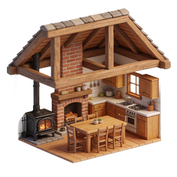 Icona di diorama di cottage accogliente con interno in miniatura