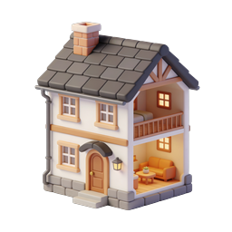 Cozy 3D Cottage House Icon with Interior Cutaway