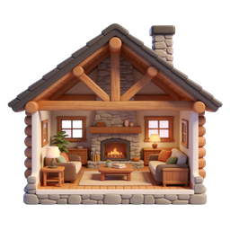3D-Illustration eines gemütlichen Blockhütten-Innenraums mit Kamin